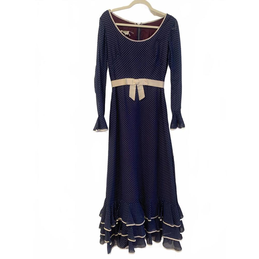 Vintage Miss Elliotte Navy Blue Polka Dot Long Sleeve Dress with Bow Belt